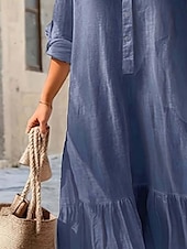 preiswerte Kleider-Damen Langes Kleid Maxikleid Leinen-inspirierte Kleider Hawaiianisch Normale Passform Einfarbig Langarm Hemdkragen Fügen Sie Königsblau hinzu Kaki Sommer Frühling