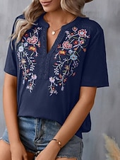 cheap Women&#039;s Graphic Tops-Women&#039;s Shirt Blouse Floral Stylish Casual Short Sleeve Notched Neck Regular Tops Daily Embroidered Army Green Navy Blue Summer