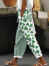 voordelige Grafische katoenen linnen broek-Dames Katoenen linnen broek Broeken Lichtgewicht Casual Volledige lengte Medium taille Grafisch Klaver Zak Trekkoord Ademend Comfortabel Inelastisch Casual / Dagelijks Weekend Groen Klaver Zomer Lente