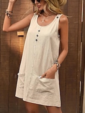 economico Vestiti-Per donna Mini abito Abito casual Abito in cotone e lino Abito senza maniche Essenziale Informale Da mare Giornaliero Standard Liscio Senza maniche Stondata Verde militare Beige Estate Primavera