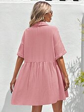 abordables Robe Simple-Robe-chemise courte pour femme, basique, décontractée, pour le quotidien, les vacances, coupe classique, manches courtes, col, noir, rose, abricot, été