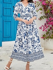 levne Elegantní květinové šaty-Dámské Midi šaty Áčkové šaty Letní šaty Boho šaty Elegantní stylové Geleneksel Dovolená Denní Rande Běžný Květinový 3/4 délka rukávu Do V Vodní modrá Léto
