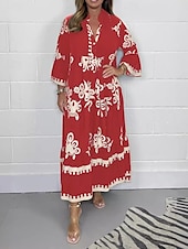 billige Uformelle blomsterkjoler-Dame Maxikjole Uformell kjole Boho elegante kjoler Boho-kjole Bohem Stilfull Fritid Feriereise Daglig Strand Løstsittende Grafisk 3/4 ermer V-hals Svart Rød Grønn Beige Sommer Vår