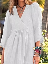 economico disegnare abiti in cotone e lino-Per donna Mini Abito Abiti in cotone e lino Vestito Casual Essenziale Casual Vacanza Quotidiano Vestibilità regolare Semplice Manica 3/4 Scollo a V Bianco Blu Marrone Grigio Estate