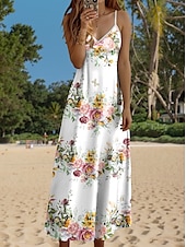 abordables Robes fleuries-Robe maxi femme Robe décontractée Robe d&#039;été Robe A Line Décontractée Fluide Vacances Quotidienne Ajustement régulier Imprimé floral Sans manches Col en V Noir Blanc Jaune Bleu Été Printemps Automne