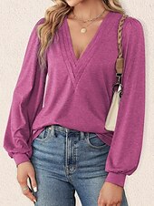 abordables Hauts Unis pour Femmes-Femme Chemise Chemisier Couleur unie mode Décontractées manche longue Col V Hauts réguliers du quotidien Fuchsia Vert Eté Printemps