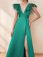baratos VERDE-Vestido de noite em linha a, vestido elegante, festa formal, comprimento até o chão, sem mangas, decote em v, cinto/faixa, cetim com fenda 2025