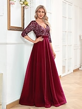 economico BLU-Abiti A-Line per ballo abito scintillante formale matrimonio lunghezza a terra a maniche lunghe scollo a V tulle con glitter