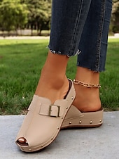 olcso Kényelmes szandálok-női peep-toe wedge öszvérek csatos pántokkal és szegecses díszítéssel – kényelmes felbújós szandál hétköznapi viselethez és nyári kirándulásokhoz