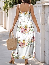 abordables Robes fleuries-Robe maxi femme Robe décontractée Robe d&#039;été Robe A Line Décontractée Fluide Vacances Quotidienne Ajustement régulier Imprimé floral Sans manches Col en V Noir Blanc Jaune Bleu Été Printemps Automne