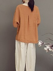 preiswerte Hemden-Damen Hemd Bluse Baumwoll-Leinen-Hemden Geometrisch Basic Lässig Dreiviertelarm Rundhalsausschnitt Normale Oberteile Täglich Patchwork Weiß Braun Grün Sommer Frühling