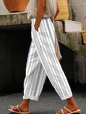 economico Pantaloni in cotone e lino con grafica-Per donna Pantaloni in cotone e lino Pantaloni Leggero Casual Lunghezza intera Vita media A righe Tasca Coulisse Traspirabilità Confortevole Inelastico Casual Quotidiano Weekend Blu viola Bianco