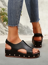 abordables Sandales Décontractées-sandales compensées découpées noires pour femmes avec détails cloutés et semelle plateforme confortable - chaussures d&#039;été tendance pour les sorties décontractées et à la plage
