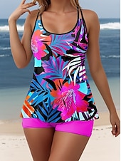 cheap Tankinis-Women&#039;s Swimsuits Tankini 2 Piece Boy Leg Swimsuit Backless Vacation Beach Wear Floral Leaves U Neck Sleeveless Bathing Suits