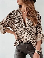 billige Kvinnenes arbeids topper-Dame Skjorte Bluse Leopard Stilfull Fritid Langermet Høyhalset Vanlige topper Daglig Knapper Trykt mønster Sølv Gul Beige Sommer Vår