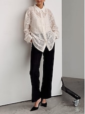 tanie Koronkowe topy-Damskie Koszula Koszula Boho Elegancja Długi rękaw Biskup Kołnierzyk koszuli Długie topy Codzienny Święto Oczko Beżowy Lato Wiosna Jesień