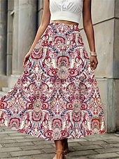 preiswerte Grafische Röcke-Damen Rock A-Linie Modisch Brautkleider schlicht Midi Mittlere Taillenlinie Röcke Geometrisch Bedruckt Mikro-elastisch Strasse Täglich Wein Gelb Sommer Polyester