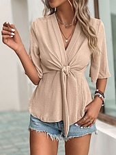 cheap Work Tops-Women&#039;s Shirt Blouse Solid Color Stylish Casual Half Sleeve V Neck Regular Tops Daily Tie Front Khaki Summer Spring