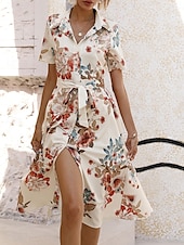 voordelige Casual bloemenjurken-Dames Halflange jurk Casual jurk Elegant Stijlvol Casual Vakantie Dagelijks Normale pasvorm Bloemig Korte mouw Overhemdkraag Abrikoos Licht Blauw Zomer Lente
