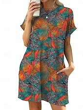 levne Boho šaty-Dámské Mini šaty Volnočasové šaty Tričkové šaty Boho šaty stylové Na běžné nošení Dovolená Denní Běžný Květinový S lístky Krátký rukáv Tričkový Vodní modrá Hnědá Trávová zelená Léto