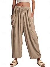 economico Pantaloni in lino e cotone semplici-Per donna Pantaloncini in cotone e lino Pantaloni ispirati al lino Pantaloni in cotone e lino Moda Streetwear Lunghezza intera Vita Alta Semplice Tasca Fascia Elastica Comodo Morbido Confortevole