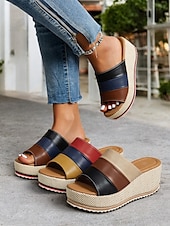 abordables Sandalias Informales-Sandalias de cuña con plataforma multicolor para mujer con punta abierta: zapatos de verano cómodos para salidas informales y vacaciones en la playa