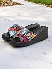 olcso Telitalpú szandálok-színes, felbújós női ékszandál etnikai mintával – kényelmes platform dizájn nyári, tengerparti és hétköznapi viselethez