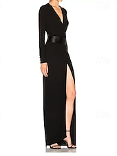 preiswerte SCHWARZ-Eng anliegend Abendkleider Party Kleid Abendgesellschaft Gala Boden-Länge Langarm V Ausschnitt Gürtel / Schärpe Baumwollmischung Rückenlos mit Plissee Gerafft Schlitz 2025