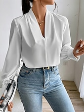 billige Kvinne Enkle Topper-Dame Skjorte Bluse Helfarge Stilfull Fritid Langermet V-hals Vanlige topper Daglig Knapper Lomme Svart Hvit Gul Blå Grønn Sommer Vår