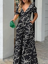 preiswerte Urlaubsoverall-Damen Normal Jumpsuit Aktiv Blumen Kurzarm V Ausschnitt Hohe Taillenlinie Urlaub Täglich Regular Fit Schwarz Weiß Blau Sommer