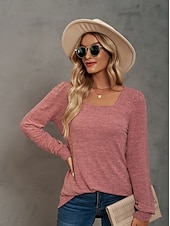 abordables Tops Sencillos para Mujeres-Mujer Sayo Remera de algodón Plano Bohemia Elegante Básico Manga Larga Manga Farol Escote Cuadrado Tops regulares Diario Deportes Noche Negro Rosa Morado Verde Trébol Caqui Primavera Otoño