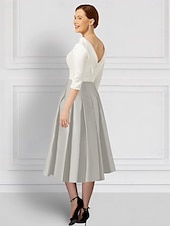 cheap Tea Length-A-Line Dress Mother of the Bride Dress Elegant Vintage Jewel Neck Tea Length Satin 3/4 Length Sleeve with Crystal Brooch Color Block Race Day Dress