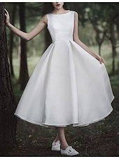 voordelige Kleine witte jurkjes-Kleine Witte Jurken Boho Bruiloft Jurken A-Lijn Scoop Hals Mouwloos Knielengte Jersey Bruidssuits Bruidsjurken Met Plooi Effen Kleur