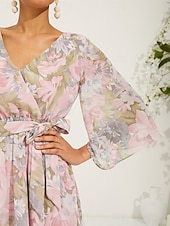 preiswerte Kleider für die Ferien-Damen kleid lang Chiffon-Kleid Elegant Stilvoll Flattrige Ärmel Hochzeit Urlaub Täglich Lockere Passform Blumen 3/4 Ärmel V Ausschnitt Rosa Sommer Frühling Herbst