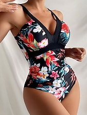 billiga Onesies-Dam Badkläder En bit Baddräkt Öppen rygg Magkontroll Hög midja Smal Semester Standkläder Grafisk V-hals Ärmlös Baddräkter