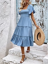 preiswerte Blumenkleider-Damen Midikleid Casual kleid Schaukelkleid A Linie Kleid Stilvoll Basic Brautkleider schlicht Urlaub Täglich Regular Fit Glatt Kurzarm Quadratischer Ausschnitt Blau Sommer