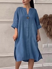 preiswerte Kleider-Damen Langes Kleid Maxikleid Leinen-inspirierte Kleider Freizeitkleid Stilvoll Lässig Urlaub Täglich Date Normale Passform Einfach Langarm V Ausschnitt Schwarz Hellgrün Rosa Rote Sommer Frühling