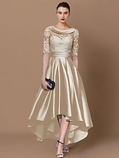 preiswerte Teelänge-A-Linie Mutter der Braut Kleid Hochzeitsgast Elegante Hoch-Tief Scoop-Ausschnitt Asymmetrisch Tee-Länge Satin Spitze Halbärmel mit Applikationen Derby Kleid Renntag Kleid 2025 kostenlose Anpassung