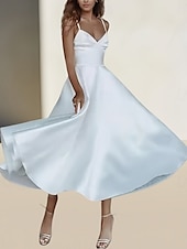 economico Abiti bianchi-Abiti bianchi per fidanzamento o laurea abiti da matrimonio A-Line spalline sottili senza maniche lunghezza alla caviglia abiti da sposa in raso con arricciature