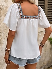abordables Hauts de Vacances pour Femmes-Femme Chemise Chemisier Couleur unie mode Décontractées Manche Courte Col Carré Hauts réguliers du quotidien A Volants Patchwork Brodée Noir Blanche Eté Printemps