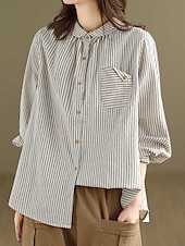 voordelige Overhemden-Dames Overhemd Katoenen linnen overhemden Knoop omhoog Blouse Gestreept Stijlvol Casual Lange mouw Overhemdkraag Normale tops Dagelijks Knop Afdrukken Zwart Wit Zomer Lente Herfst