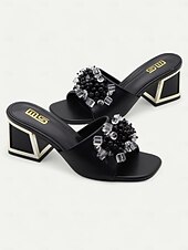 cheap Vacation Sandals-Women&#039;s Purple Slide Sandals with Pearl and Bead Embellishments – Fashionable Chunky Heel Mules for Casual Outings and Evening Events