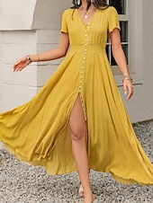 abordables Robes décontractées-Femme robe longue Robe casual Elégant Décontractées Standard Plein Manche Courte Col V Jaune Eté Automne