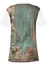 cheap Boho tee-Women&#039;s Lace Splicing Top Graphic Flowers Elegant Bohemia Fashion Short Sleeve Flutter Sleeve Round Neck Regular Tops Daily Weekend Vacation Wear Lace Patchwork Print White Light Green Navy Blue Blue