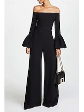 preiswerte SCHWARZ-Jumpsuits Abendkleid Elegantes Kleid Abendparty Party Wear Bodenlang Lange Ärmel Off-Schulter Gürtel  Sash Baumwollmischung Rückenauschnitt mit Rüschen