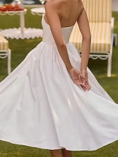 cheap Little White Dresses-Little White Dresses Boho Wedding Dresses A-Line Sweetheart Sleeveless Tea Length Jersey Bridal Suits Bridal Gowns With Pleats Solid Color