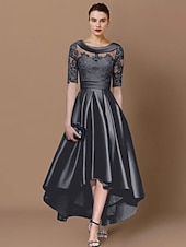 preiswerte Teelänge-A-Linie Mutter der Braut Kleid Hochzeitsgast Elegante Hoch-Tief Scoop-Ausschnitt Asymmetrisch Tee-Länge Satin Spitze Halbärmel mit Applikationen Derby Kleid Renntag Kleid 2025 kostenlose Anpassung