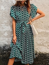 abordables Robes fleuries décontractées-Femme Robe mi-longue Robe casual Robe Trapèze mode Décontractées Vacances du quotidien Standard Floral Manche Courte Col V Vert foncé Eté