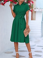 preiswerte Kleider für die Arbeit-Damen Midikleid blusenkleid Casual kleid A Linie Kleid Stilvoll Ausgefallene Arbeit Täglich Regular Fit Glatt Kurzarm Hemdkragen Rosa Grün Sommer Frühling