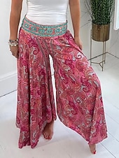 abordables pierna ancha y cintura alta-Mujer Perneras anchas Chinos Vacaciones Hawaiano Longitud total Alta cintura Cachemir Cintura elástica Estampado Confortable Suave Cómodo Microelástico Exterior Calle Rojo Verde Trébol Verano